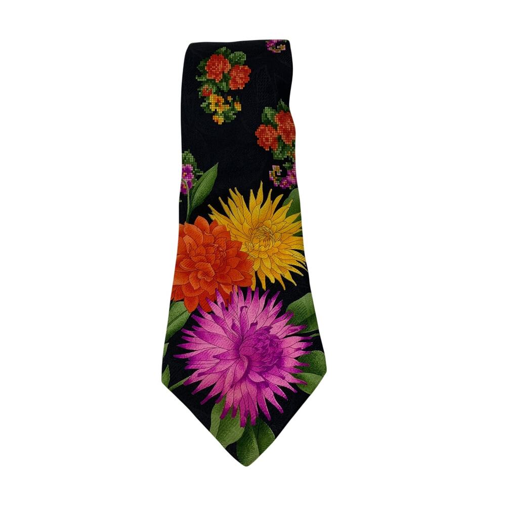 Leonard Paris Silk Tie Floral Cross Stitch Black Multicolor Luxury Designer